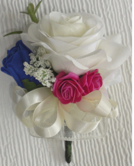 Ivory, Royal Blue & Fuchsia Rose Corsage